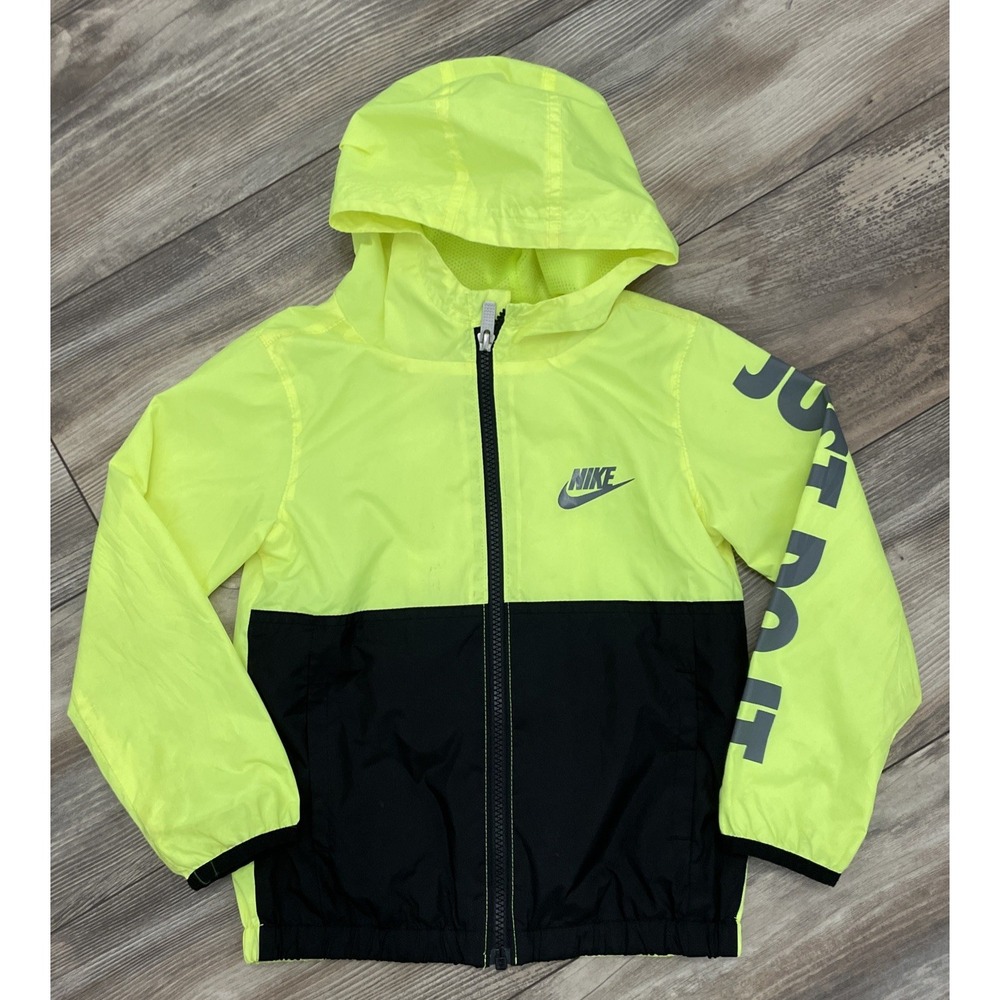 Nike Jacket Youth S Black White Neon Yellow Hooded Windbreaker Full Zip Logo